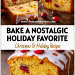 Sliced cranberry orange bread with bright glaze and cranberries styled for festive holiday baking.